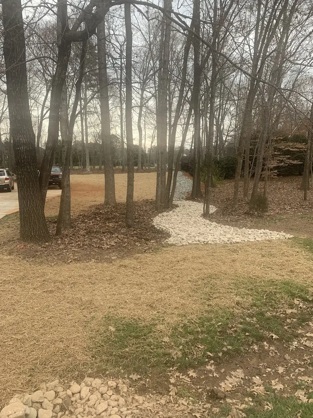 New gravel drive curving through the trees
